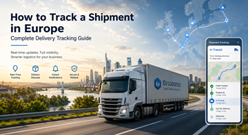 Řídicí panel pro sledování zásilek v evropské logistice zobrazující trasy kamionů, GPS tracking a stavy doručení napříč Evropou